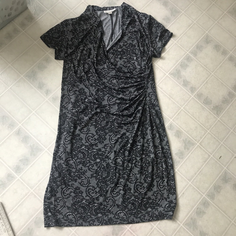 Coldwater Creek Size 12 Ponte Side Ruched Black Lace Printed Stretch Fabric‎